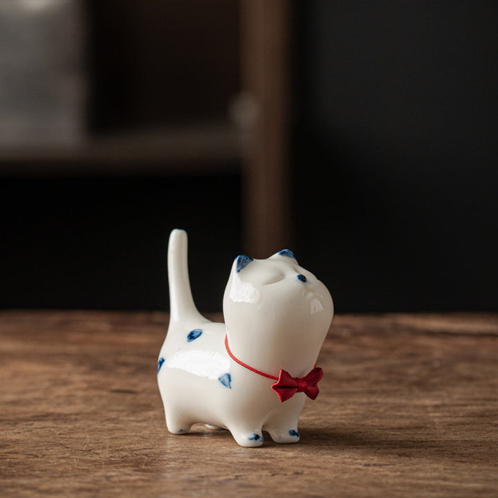 Buddha Stones Mini Lucky White Cat Kitten Tea Pet Ceramica Casa Scrivania Figurina Decorazione