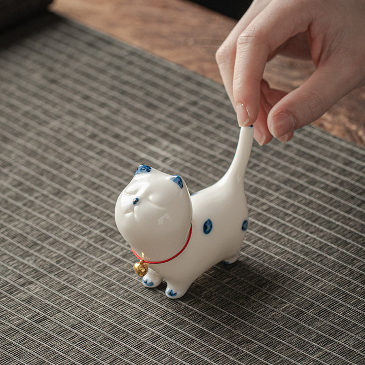 Buddha Stones Mini Lucky White Cat Kitten Tea Pet Ceramica Casa Scrivania Figurina Decorazione