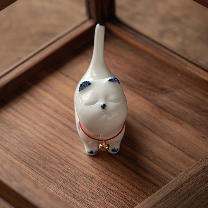 Buddha Stones Mini Lucky White Cat Kitten Tea Pet Ceramica Casa Scrivania Figurina Decorazione