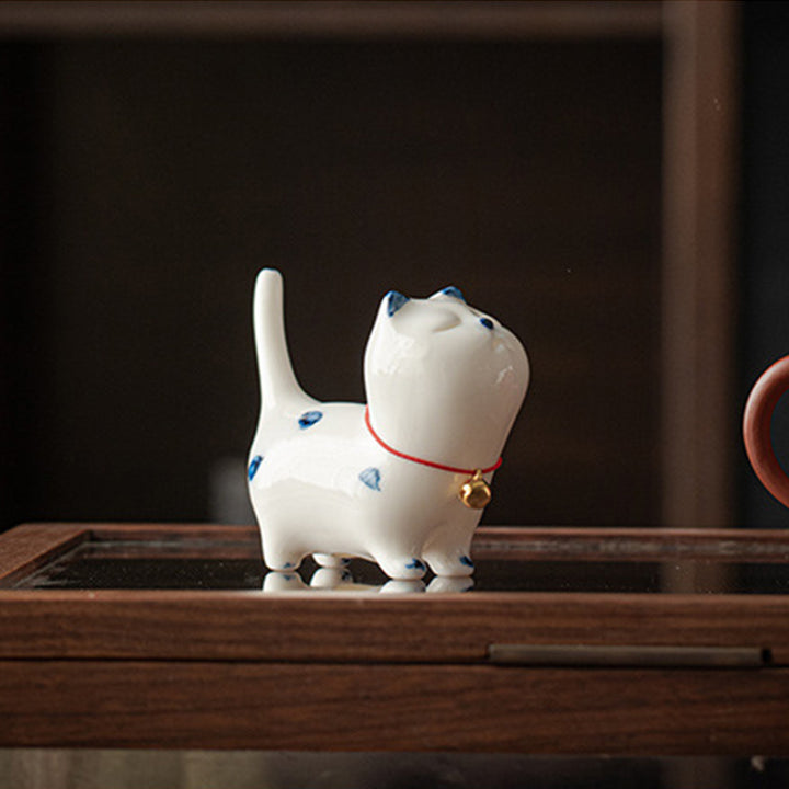 Buddha Stones Mini Lucky White Cat Kitten Tea Pet Ceramica Casa Scrivania Figurina Decorazione