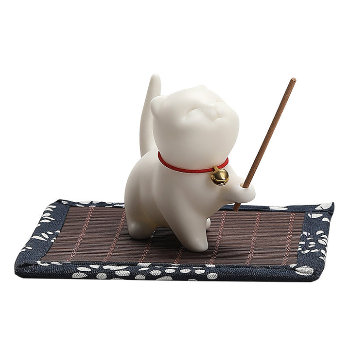 Buddha Stones Mini Lucky Cat Kitten Tea Pet Ceramica Casa Scrivania Figurina Decorazione Con Tappetino Di Bambù