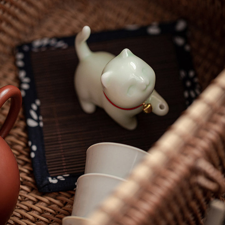 Buddha Stones Mini Lucky Cat Kitten Tea Pet Ceramica Casa Scrivania Figurina Decorazione Con Tappetino Di Bambù - image 15