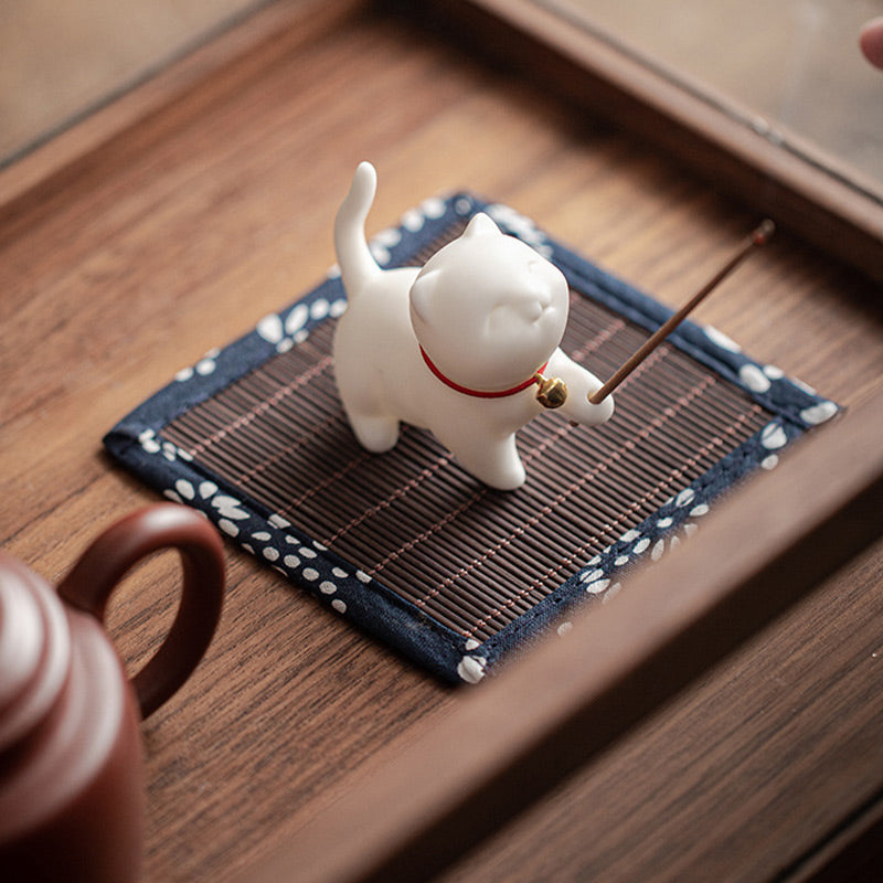 Buddha Stones Mini Lucky Cat Kitten Tea Pet Ceramica Casa Scrivania Figurina Decorazione Con Tappetino Di Bambù - image 5