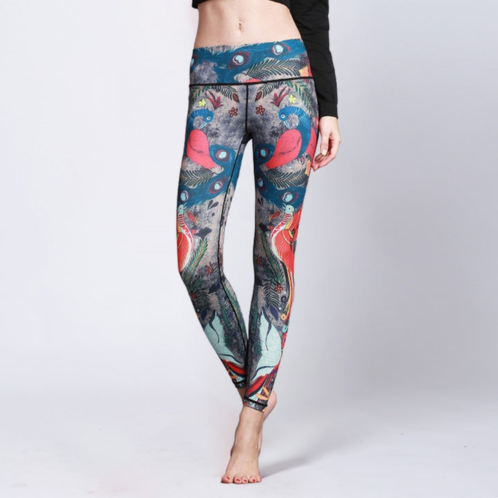 Pantaloni sportivi da yoga con stampa di piume di pavone rosso e blu , Buddha Stones, pantaloni da yoga da donna - US8-10, UK/AU12-14, EU40-42 (XL) - image 0