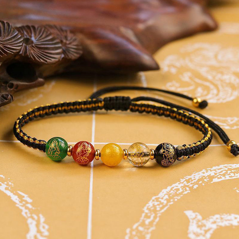 Braccialetto intrecciato in corda di protezione fatto a mano in agata con Buddha Stones, cinque direzioni, divinità della ricchezza