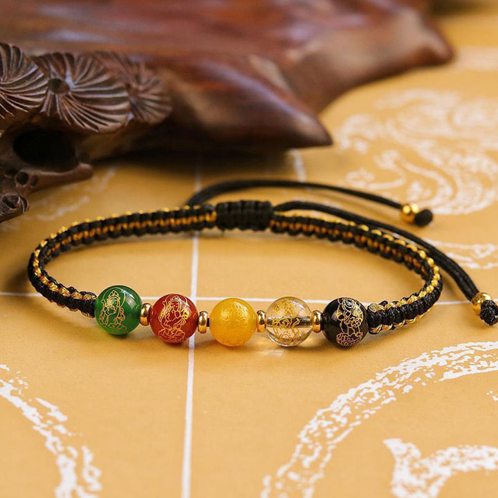 Braccialetto intrecciato in corda di protezione fatto a mano in agata con Buddha Stones, cinque direzioni, divinità della ricchezza
