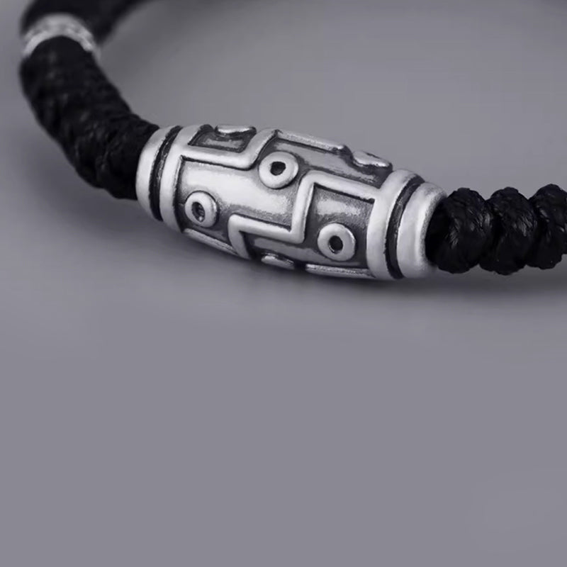 Braccialetto di corda della benedizione con perline Dzi a nove occhi in argento sterling 999 Buddha Stones