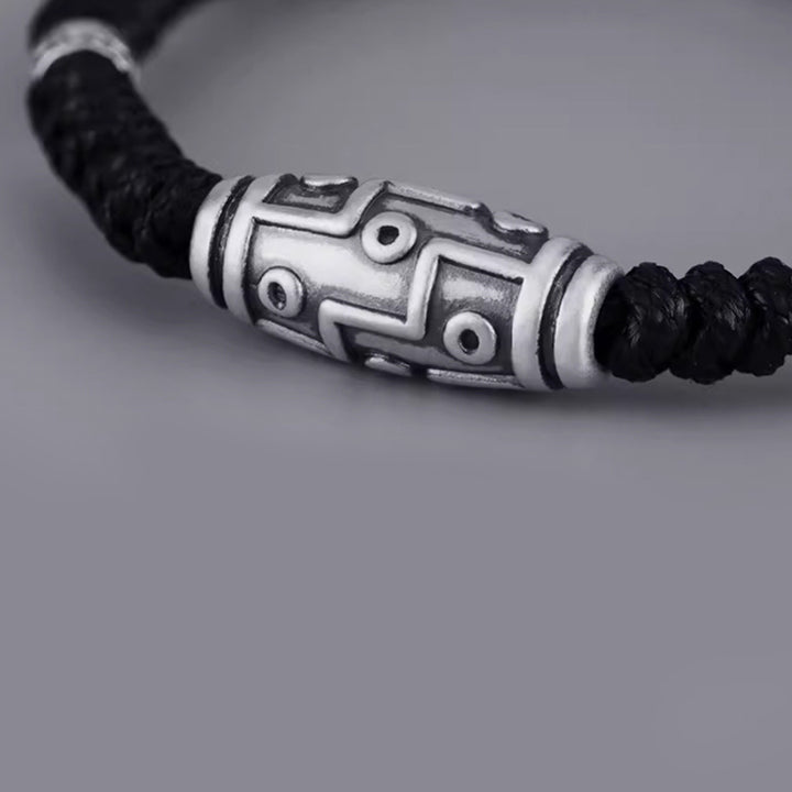 Braccialetto di corda della benedizione con perline Dzi a nove occhi in argento sterling 999 Buddha Stones