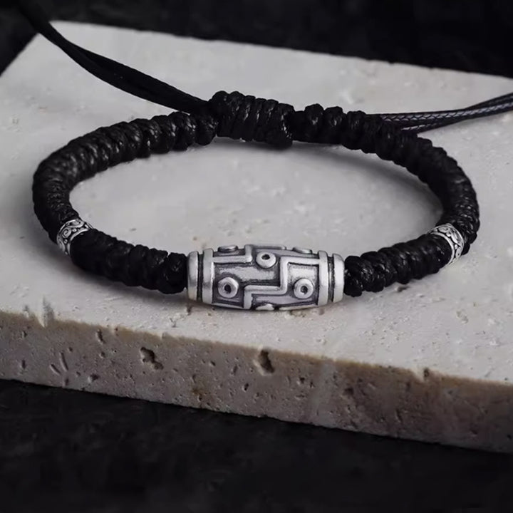 Braccialetto di corda della benedizione con perline Dzi a nove occhi in argento sterling 999 Buddha Stones