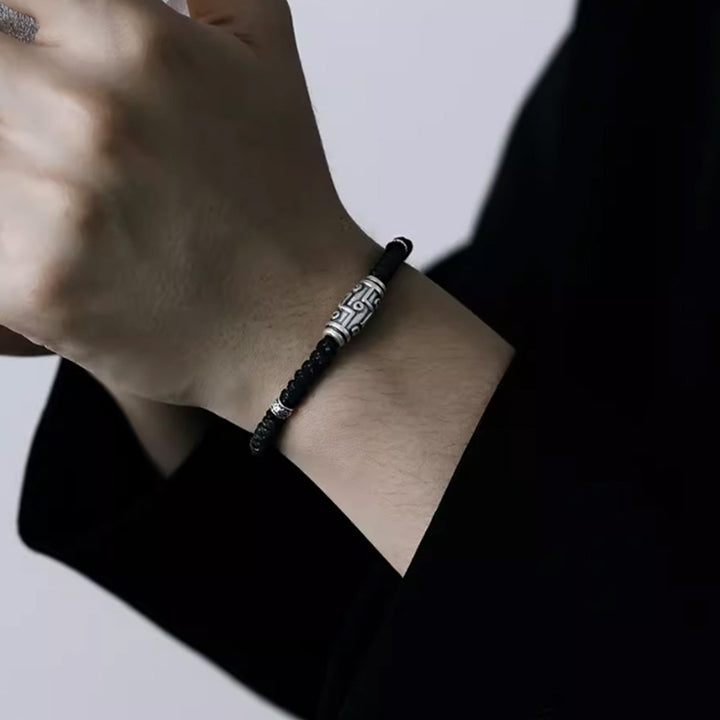 Braccialetto di corda della benedizione con perline Dzi a nove occhi in argento sterling 999 Buddha Stones
