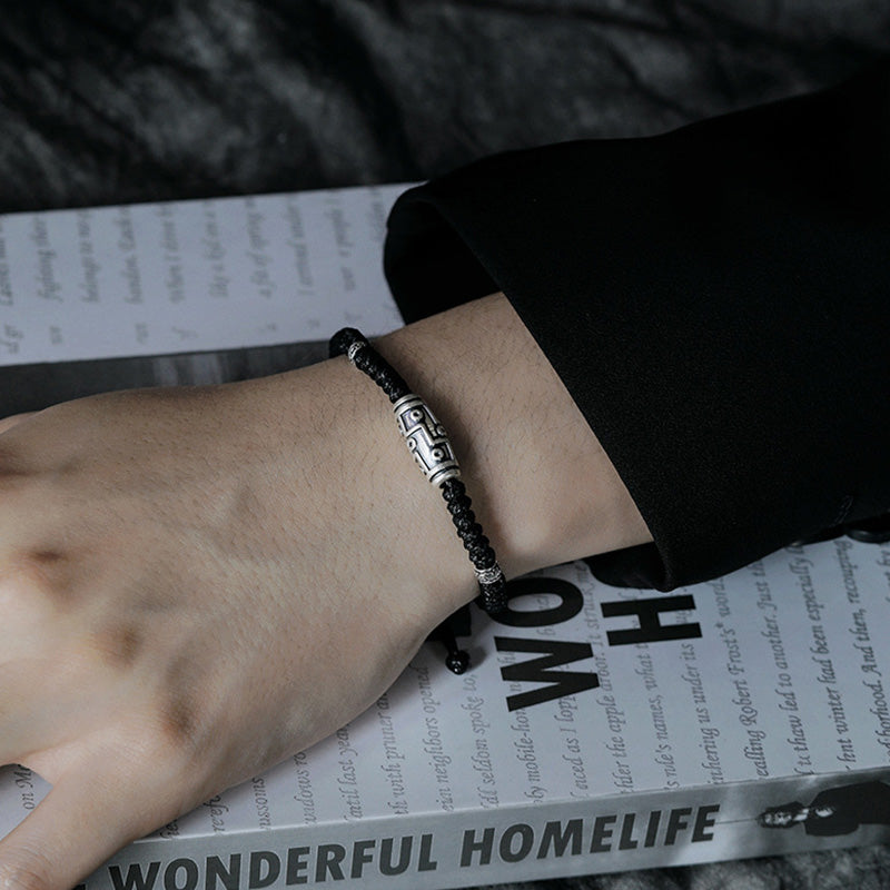 Braccialetto di corda della benedizione con perline Dzi a nove occhi in argento sterling 999 Buddha Stones - image 11