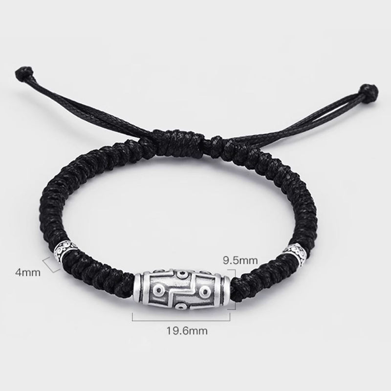 Braccialetto di corda della benedizione con perline Dzi a nove occhi in argento sterling 999 Buddha Stones