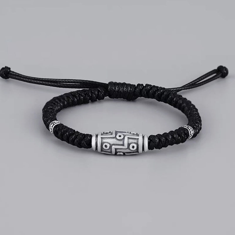 Braccialetto di corda della benedizione con perline Dzi a nove occhi in argento sterling 999 Buddha Stones