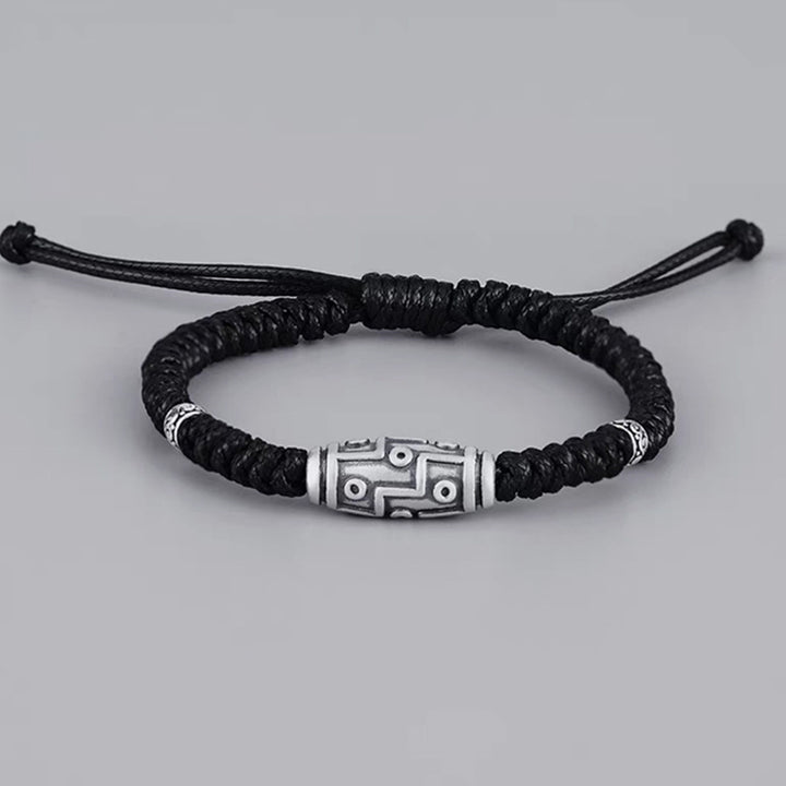 Braccialetto di corda della benedizione con perline Dzi a nove occhi in argento sterling 999 Buddha Stones
