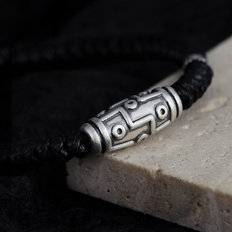 Braccialetto di corda della benedizione con perline Dzi a nove occhi in argento sterling 999 Buddha Stones