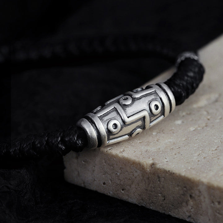 Braccialetto di corda della benedizione con perline Dzi a nove occhi in argento sterling 999 Buddha Stones