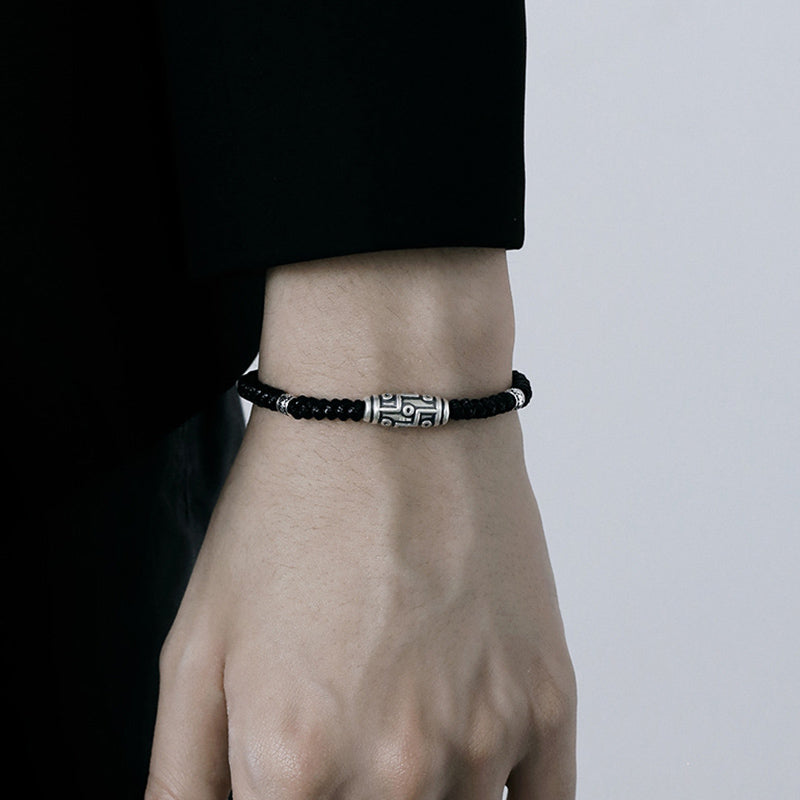 Braccialetto di corda della benedizione con perline Dzi a nove occhi in argento sterling 999 Buddha Stones