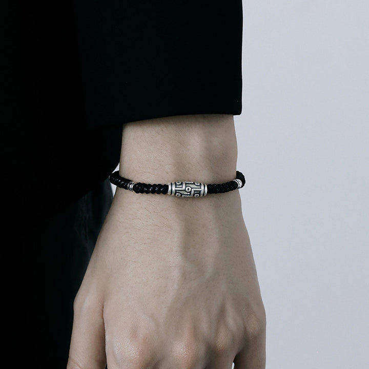 Braccialetto di corda della benedizione con perline Dzi a nove occhi in argento sterling 999 Buddha Stones