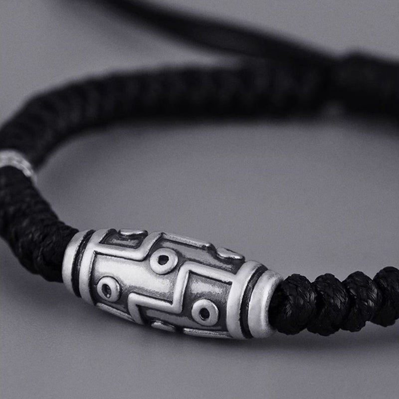 Braccialetto di corda della benedizione con perline Dzi a nove occhi in argento sterling 999 Buddha Stones