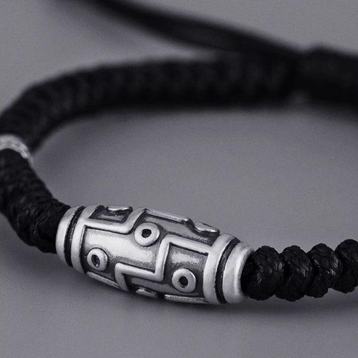 Braccialetto di corda della benedizione con perline Dzi a nove occhi in argento sterling 999 Buddha Stones