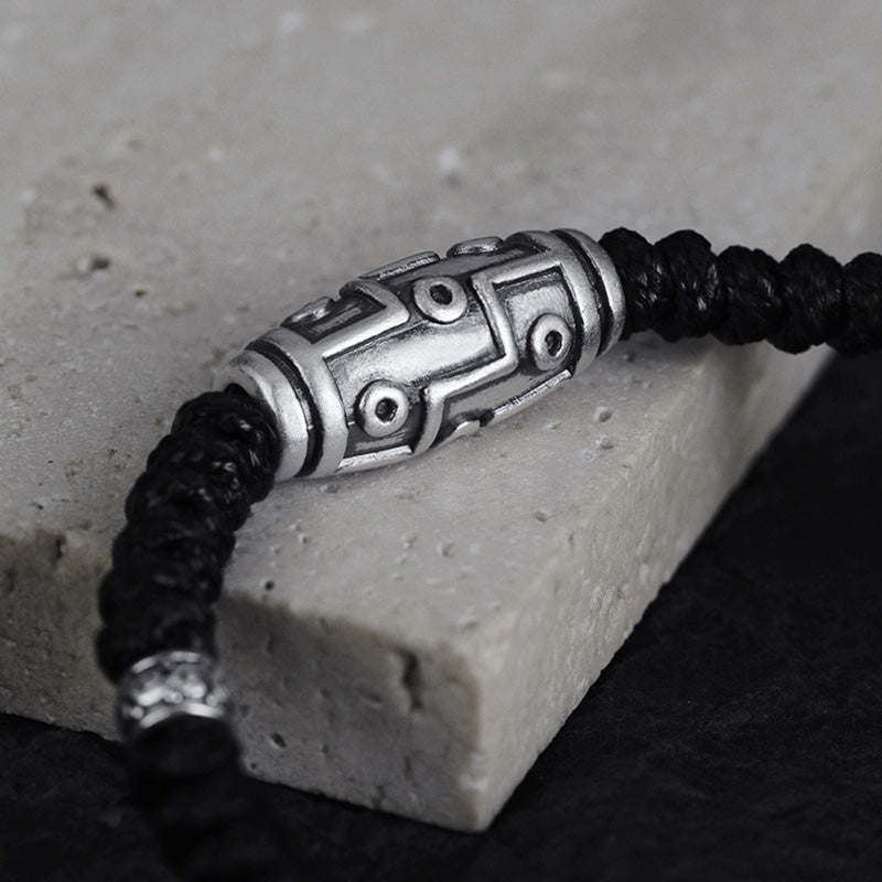 Braccialetto di corda della benedizione con perline Dzi a nove occhi in argento sterling 999 Buddha Stones