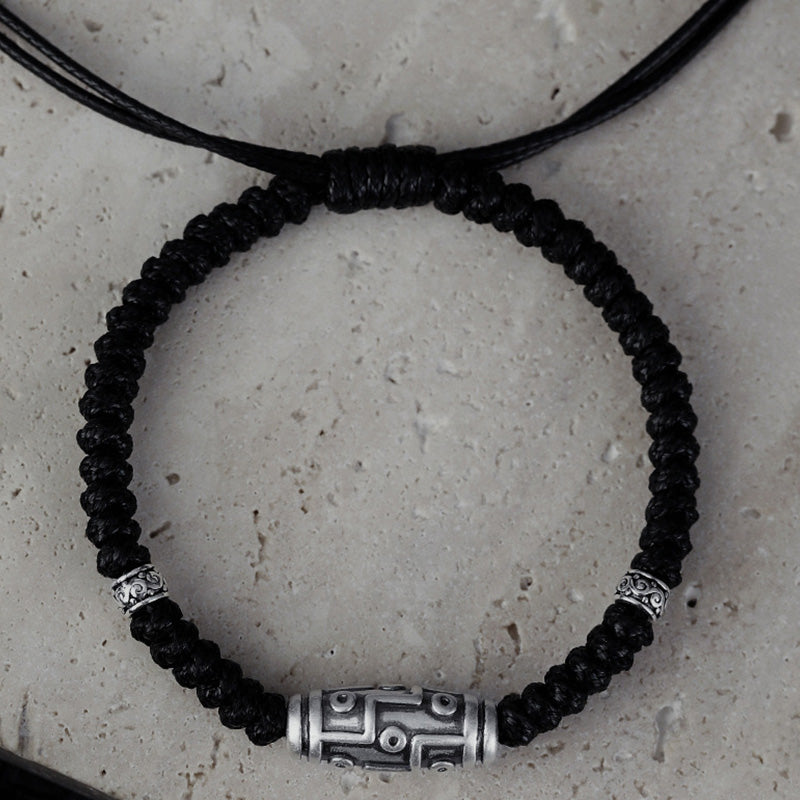 Braccialetto di corda della benedizione con perline Dzi a nove occhi in argento sterling 999 Buddha Stones