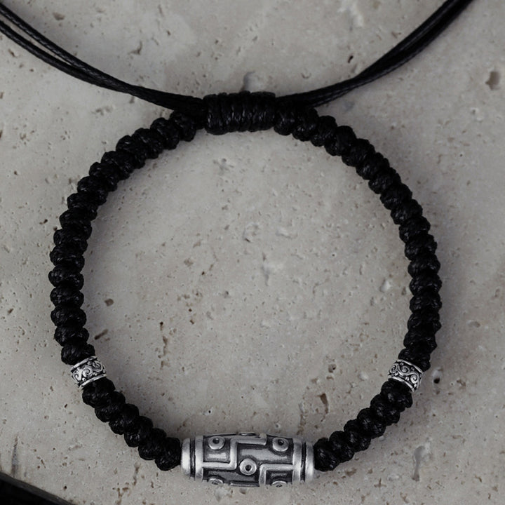 Braccialetto di corda della benedizione con perline Dzi a nove occhi in argento sterling 999 Buddha Stones