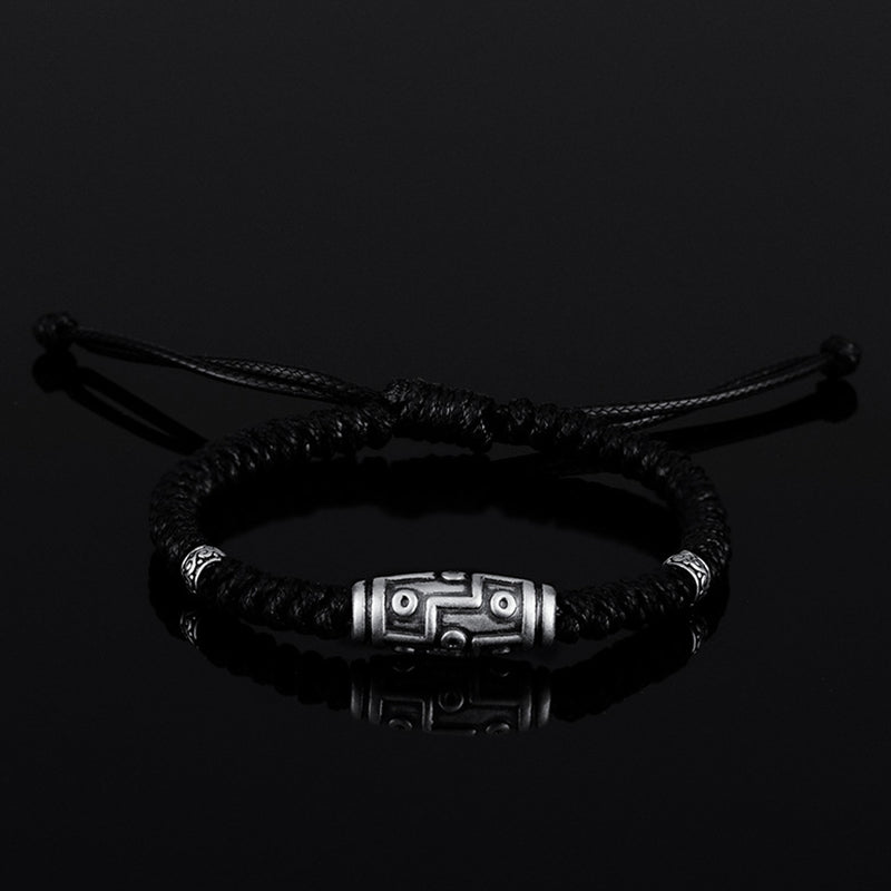 Braccialetto di corda della benedizione con perline Dzi a nove occhi in argento sterling 999 Buddha Stones