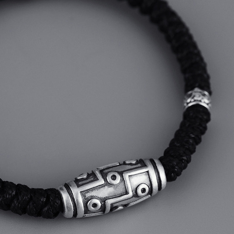 Braccialetto di corda della benedizione con perline Dzi a nove occhi in argento sterling 999 Buddha Stones