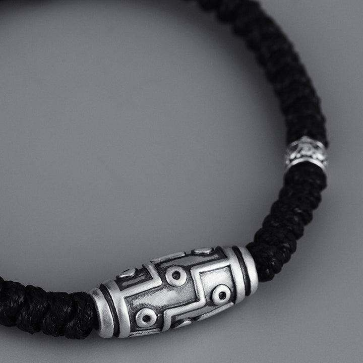 Braccialetto di corda della benedizione con perline Dzi a nove occhi in argento sterling 999 Buddha Stones