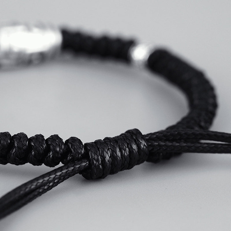 Braccialetto di corda della benedizione con perline Dzi a nove occhi in argento sterling 999 Buddha Stones