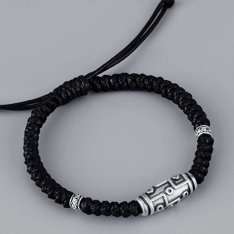 Braccialetto di corda della benedizione con perline Dzi a nove occhi in argento sterling 999 Buddha Stones