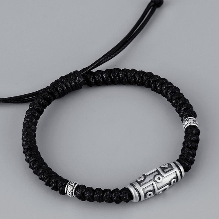 Braccialetto di corda della benedizione con perline Dzi a nove occhi in argento sterling 999 Buddha Stones