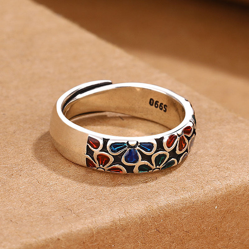 Anello regolabile in rame con design di fiori di prugna colorati Buddha Stones