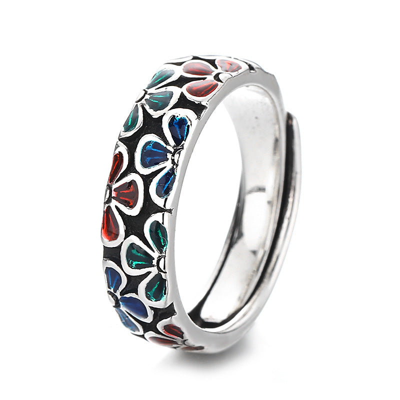 Anello regolabile in rame con design di fiori di prugna colorati Buddha Stones