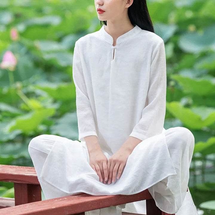 Buddha Stones 2 pezzi bianco Tai Chi Meditazione Yoga Zen Cotone Lino Abbigliamento Top Pantaloni Set da donna - Bianco (Top e Pantaloni) - US8-10， UK/AU12-14， EU40-42 (2XL) - image 0