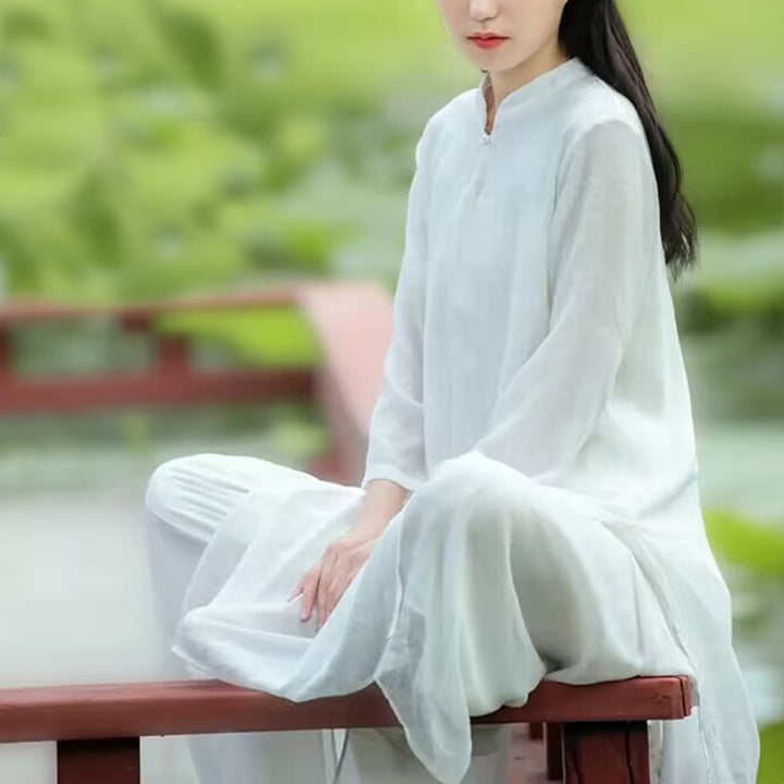 Buddha Stones 2 pezzi bianco Tai Chi Meditazione Yoga Zen Cotone Lino Abbigliamento Top Pantaloni Set da donna - image 11