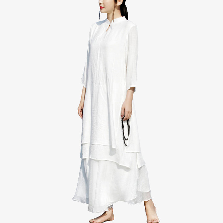 Buddha Stones 2 pezzi bianco Tai Chi Meditazione Yoga Zen Cotone Lino Abbigliamento Top Pantaloni Set da donna - image 14