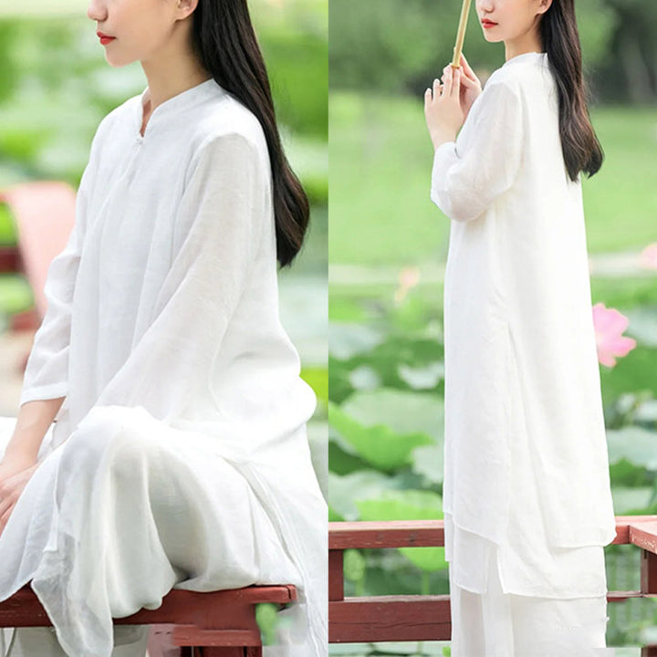 Buddha Stones 2 pezzi bianco Tai Chi Meditazione Yoga Zen Cotone Lino Abbigliamento Top Pantaloni Set da donna - image 12