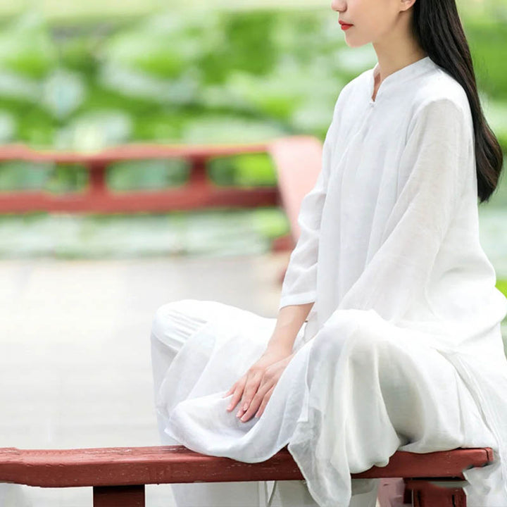 Buddha Stones 2 pezzi bianco Tai Chi Meditazione Yoga Zen Cotone Lino Abbigliamento Top Pantaloni Set da donna - image 10