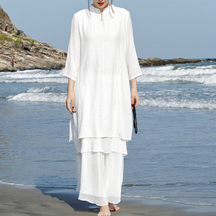 Buddha Stones 2 pezzi bianco Tai Chi Meditazione Yoga Zen Cotone Lino Abbigliamento Top Pantaloni Set da donna - image 3