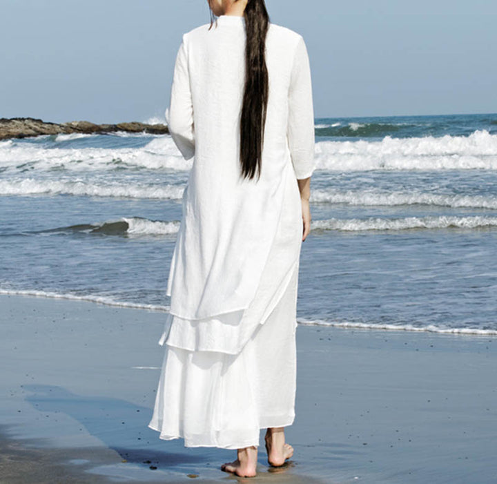 Buddha Stones 2 pezzi bianco Tai Chi Meditazione Yoga Zen Cotone Lino Abbigliamento Top Pantaloni Set da donna - image 2