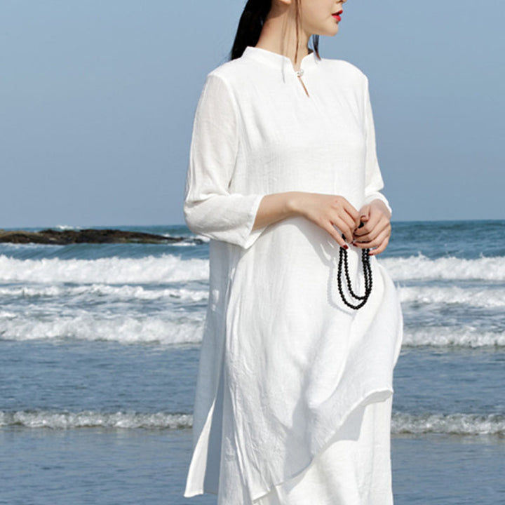 Buddha Stones 2 pezzi bianco Tai Chi Meditazione Yoga Zen Cotone Lino Abbigliamento Top Pantaloni Set da donna - image 4