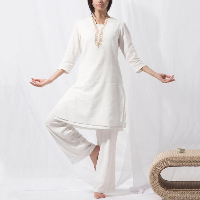 Buddha Stones 2 pezzi Tai Chi Meditazione Yoga Cotone Abbigliamento Top Pantaloni Set da donna - Bianco (top e pantaloni) - US8-10, UK/AU12-14, EU40-42 (2XL) - image 1