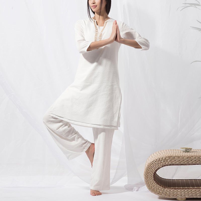 Buddha Stones 2 pezzi Tai Chi Meditazione Yoga Cotone Abbigliamento Top Pantaloni Set da donna - image 2