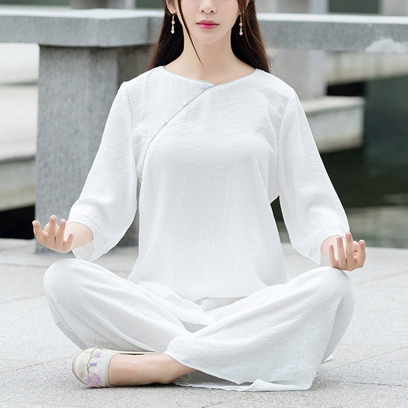 Set da donna con 2 pezzi Buddha Stones , design semplice, pantaloni bianchi, abbigliamento per meditazione, yoga, zen e tai chi - Bianco (maglia e pantaloni) - US8-10, UK/AU12-14, EU40-42 (3XL) - image 0