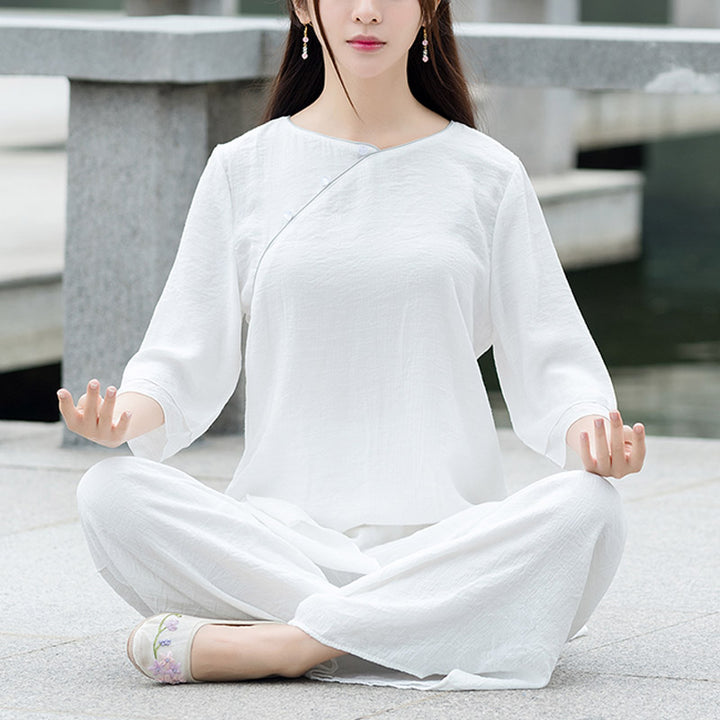 Set da donna con 2 pezzi Buddha Stones , design semplice, pantaloni bianchi, abbigliamento per meditazione, yoga, zen e tai chi - Bianco (maglia e pantaloni) - US8-10, UK/AU12-14, EU40-42 (3XL) - image 0