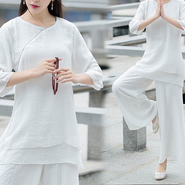 Set da donna con 2 pezzi Buddha Stones , design semplice, pantaloni bianchi, abbigliamento per meditazione, yoga, zen e tai chi - image 1
