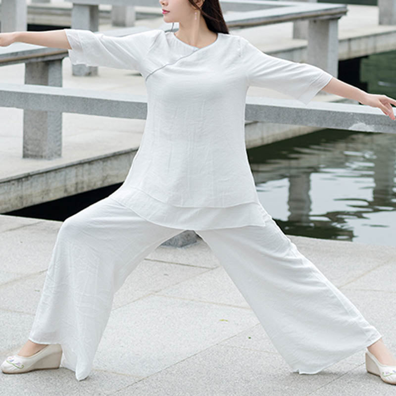 Set da donna con 2 pezzi Buddha Stones , design semplice, pantaloni bianchi, abbigliamento per meditazione, yoga, zen e tai chi - image 4