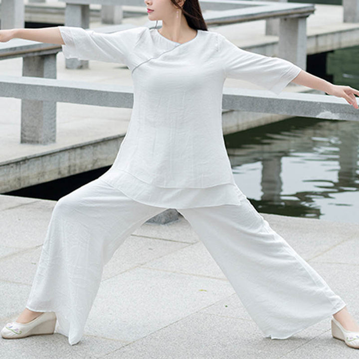 Set da donna con 2 pezzi Buddha Stones , design semplice, pantaloni bianchi, abbigliamento per meditazione, yoga, zen e tai chi - image 4